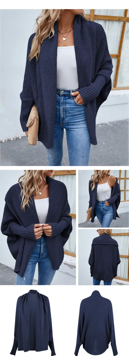 New Loose Knitted Sweater Solid Color Bat Sleeve Large Lapel Cardigan Autumn And Winter Fashion Jacket For Women
