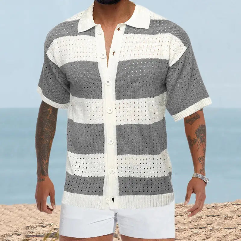 Men’s Cardigan Polo Collar Short Sleeve Color Matching Thin