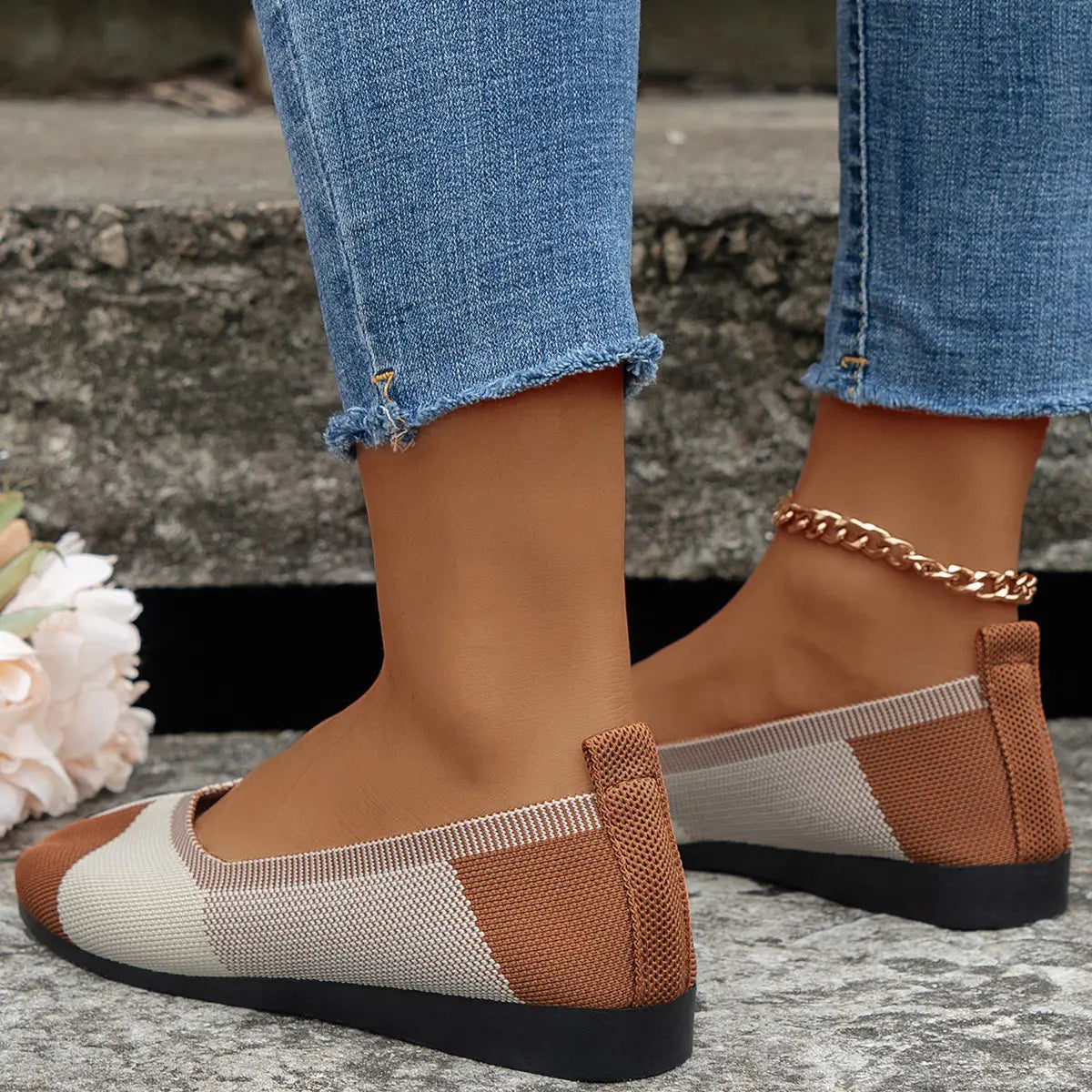 Fashion Colorblock Flats Shoes Flying Woven Breathable Cozy Loafers For Women