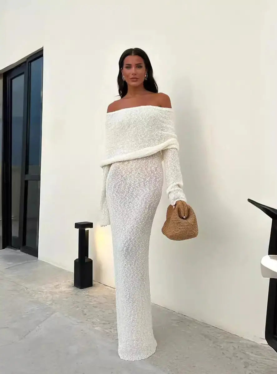 French-style One-shoulder Knitted Dress Fashion Party Beach Long-sleeved Long Dresses Fall Wainter Women’s Clothing