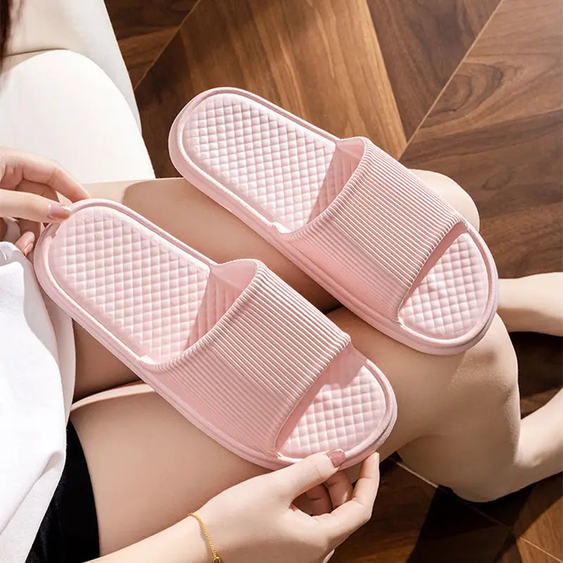 Summer Slipper Indoor House Shoes For Men Women Couples Solid Color Rhombus Striped Non-slip Bathroom Slippers