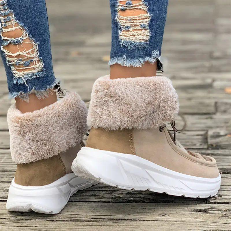 Lace-up Snow Boots Women’s Fuzzy Mied-color Soft Sole Platform Thermal Lined Shoes Winter Non-slip Plush Boots