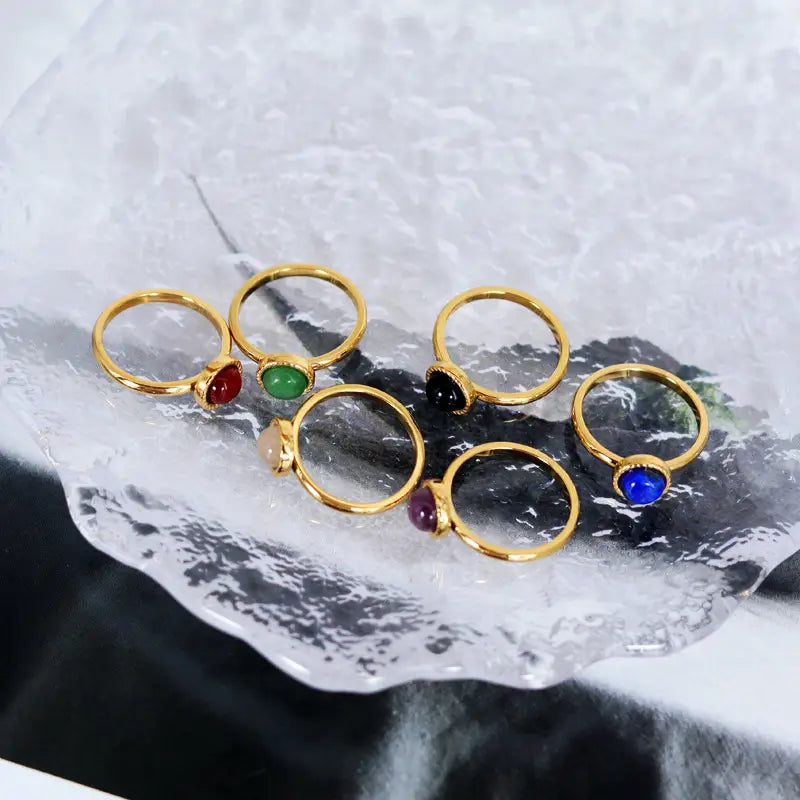Fashion Jewelry Colorful Natural Stone Inlaid Titanium Steel Ring 18K Gold Plating Red Agate Pink Crystal Amethyst Blue