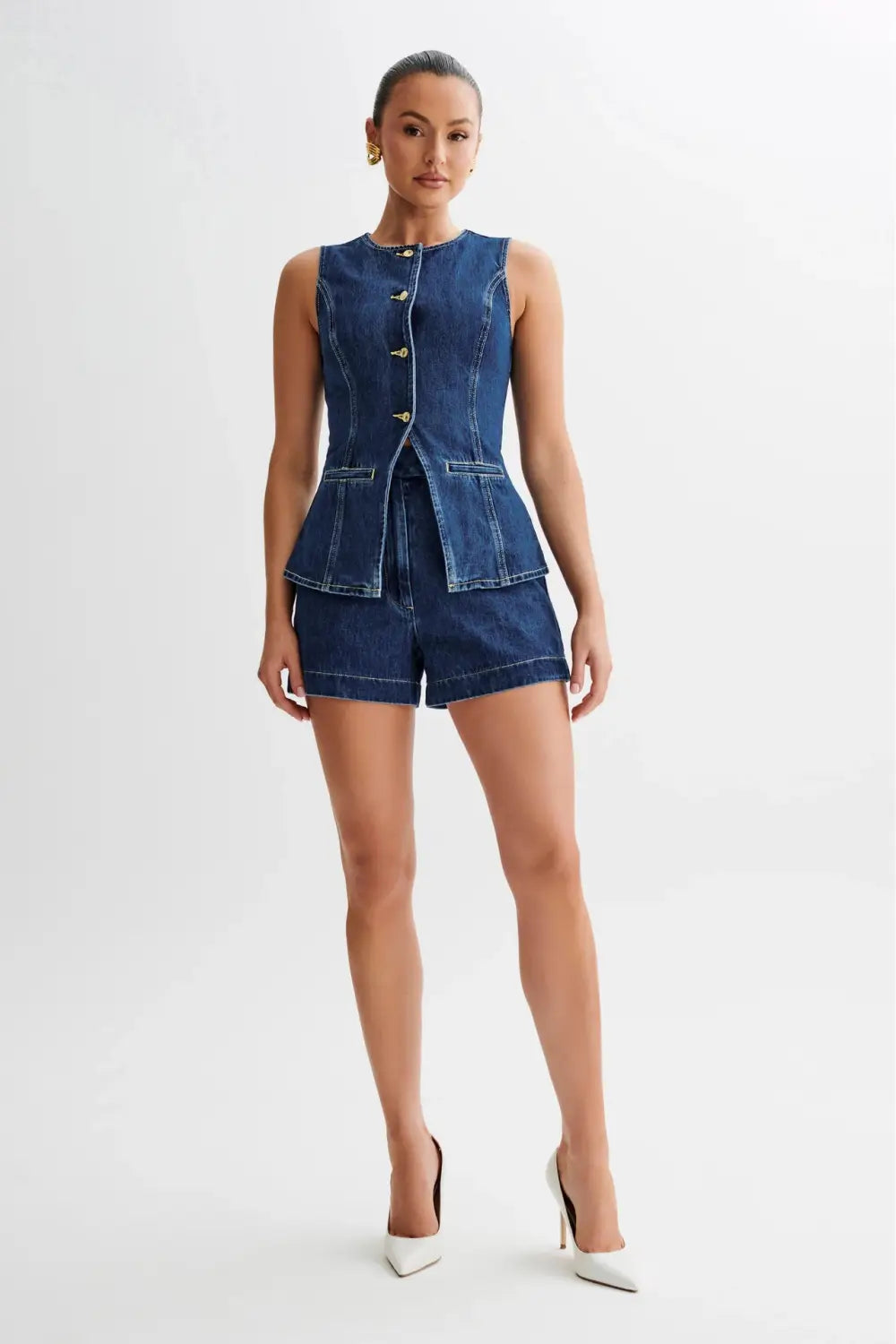 Fashion Denim Suit Summer Casual Sleeveless Button Vest Top And High Waist Shorts Set For Womens Clothing