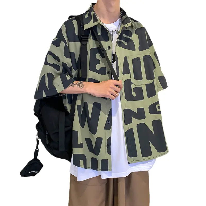 American hip hop short sleeve shirt men’’s thin loose shirt in summer