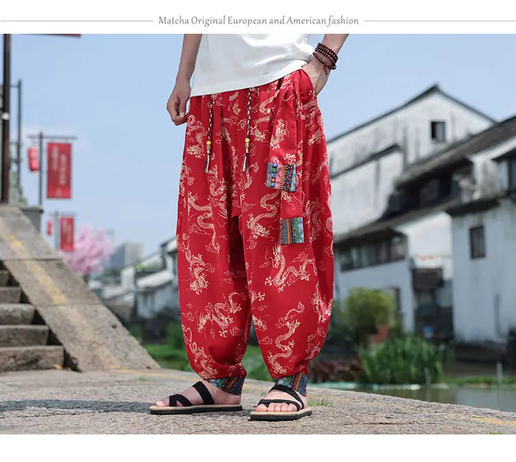 Men’s Plus Size Dragon Pattern Thin Chinese Trousers
