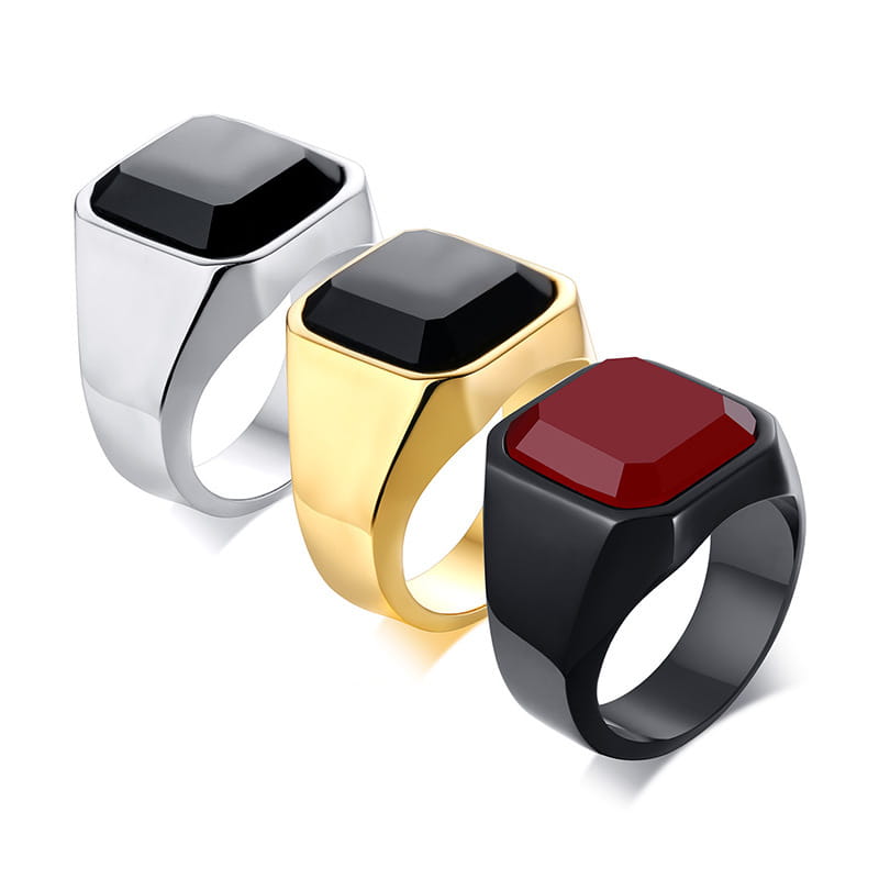 Men’s stainless steel black agate ring