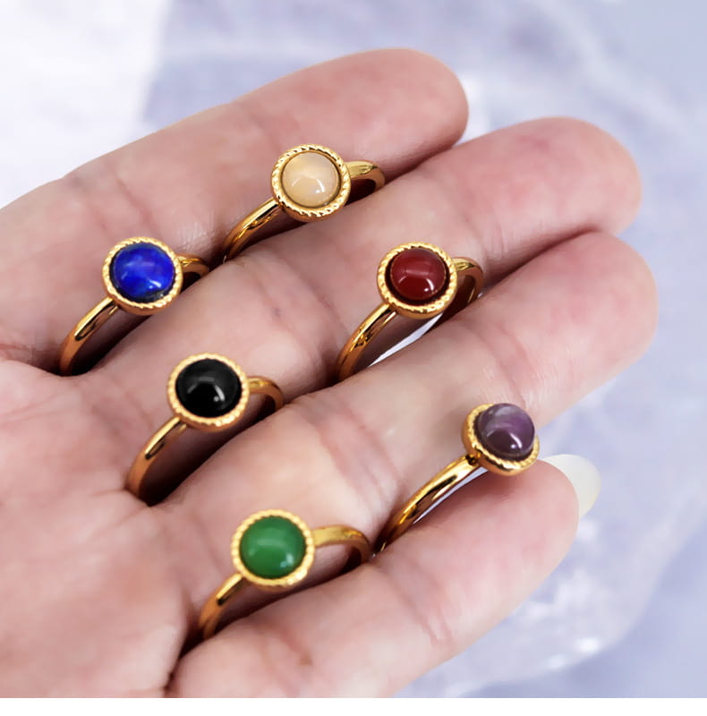 Fashion Jewelry Colorful Natural Stone Inlaid Titanium Steel Ring 18K Gold Plating Red Agate Pink Crystal Amethyst Blue