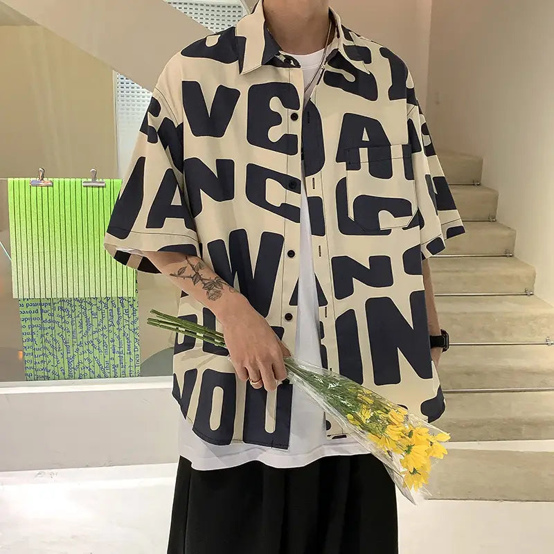 American hip hop short sleeve shirt men’’s thin loose shirt in summer