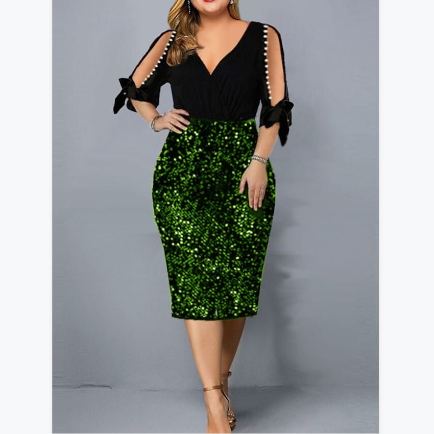 V-neck Personality Sequins Plus Size Women’s Dress