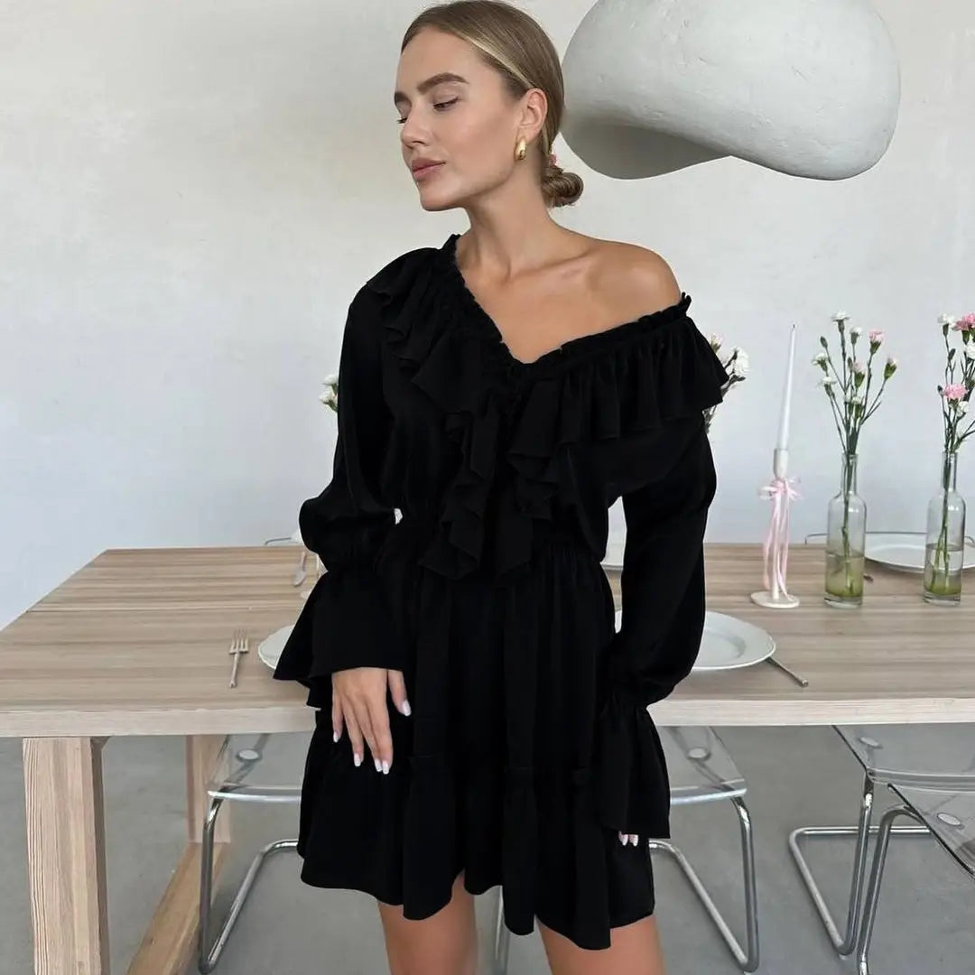 Fashion V Neck Pleated Ruffle Long Sleeve Dress Y2K V Neck Flared Sleeve Short Dress Women’s Clothing