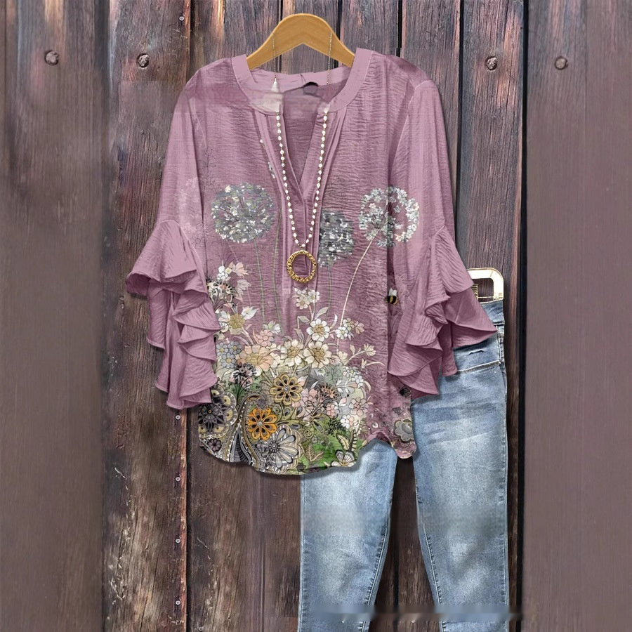 Women's Creative Printing Casual V-neck Lotus Sleeve T-shirt