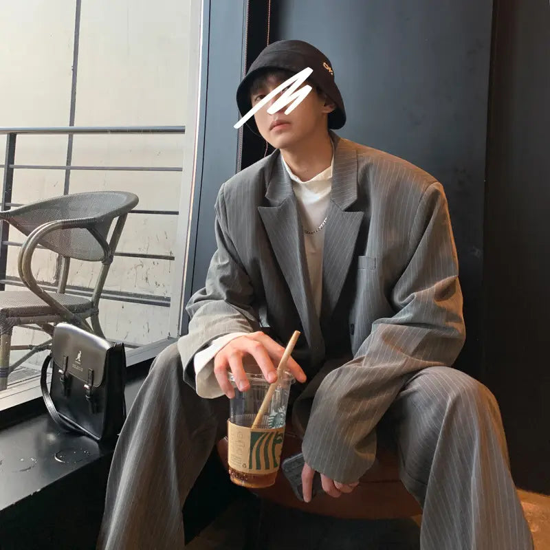 Korean Trend Loose Fitting Striped Suit Set Versatile For Men In Spring And Summer