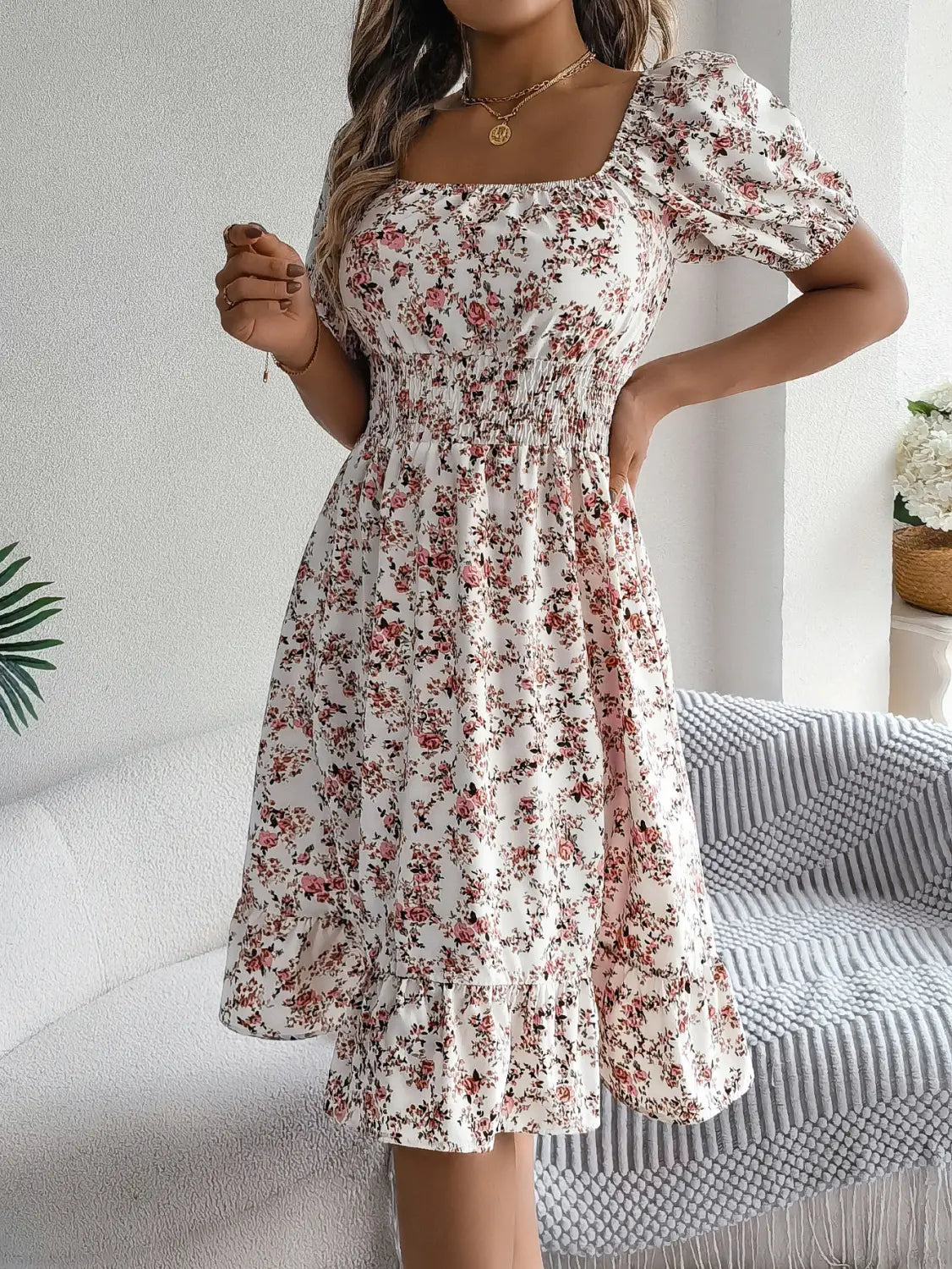 Floral Print Square Collar Dress Summer Fashion Ruffles Dresses Women’s Clothing