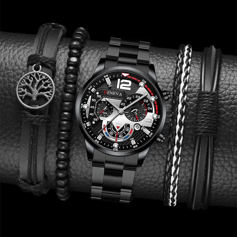 2pcs Men’s New Popular Steel Strip Fashion Business Three Eye Quartz Watch Bracelet Set Valentine’s Day Gifts