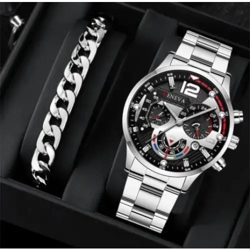 2pcs Men’s New Popular Steel Strip Fashion Business Three Eye Quartz Watch Bracelet Set Valentine’s Day Gifts