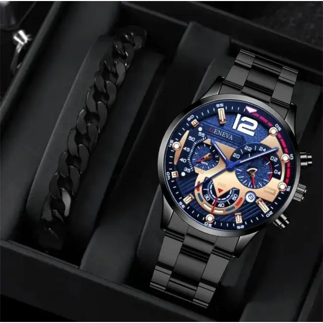 2pcs Men’s New Popular Steel Strip Fashion Business Three Eye Quartz Watch Bracelet Set Valentine’s Day Gifts