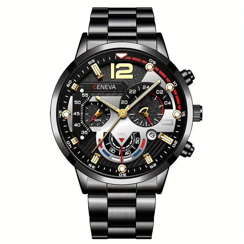 2pcs Men’s New Popular Steel Strip Fashion Business Three Eye Quartz Watch Bracelet Set Valentine’s Day Gifts