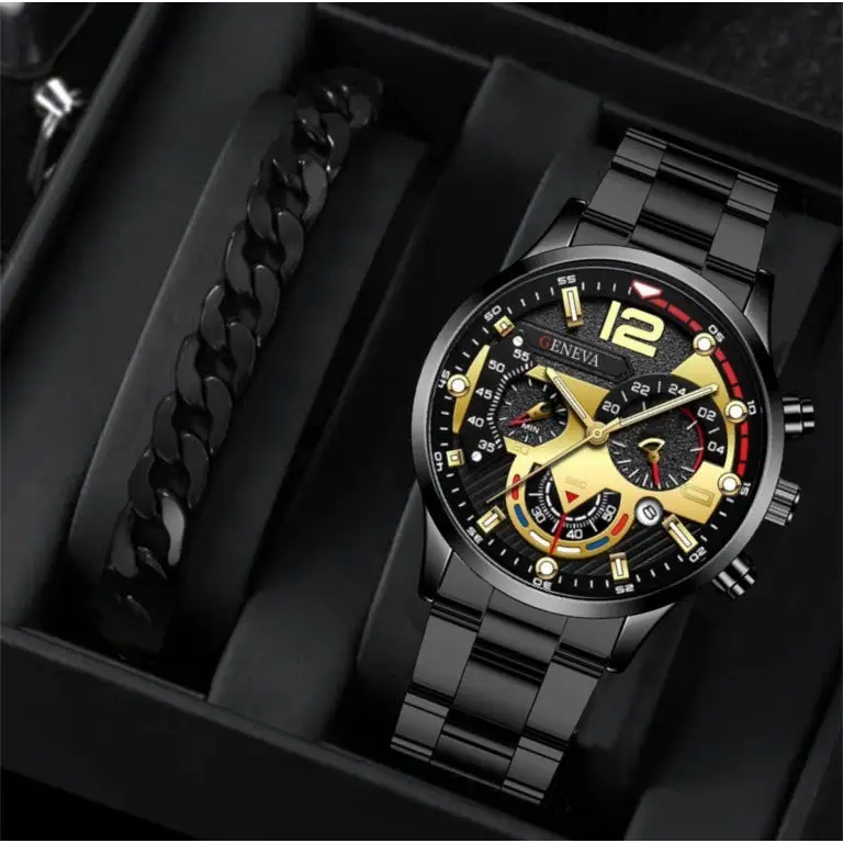 2pcs Men’s New Popular Steel Strip Fashion Business Three Eye Quartz Watch Bracelet Set Valentine’s Day Gifts