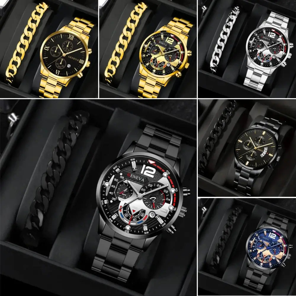 2pcs Men’s New Popular Steel Strip Fashion Business Three Eye Quartz Watch Bracelet Set Valentine’s Day Gifts