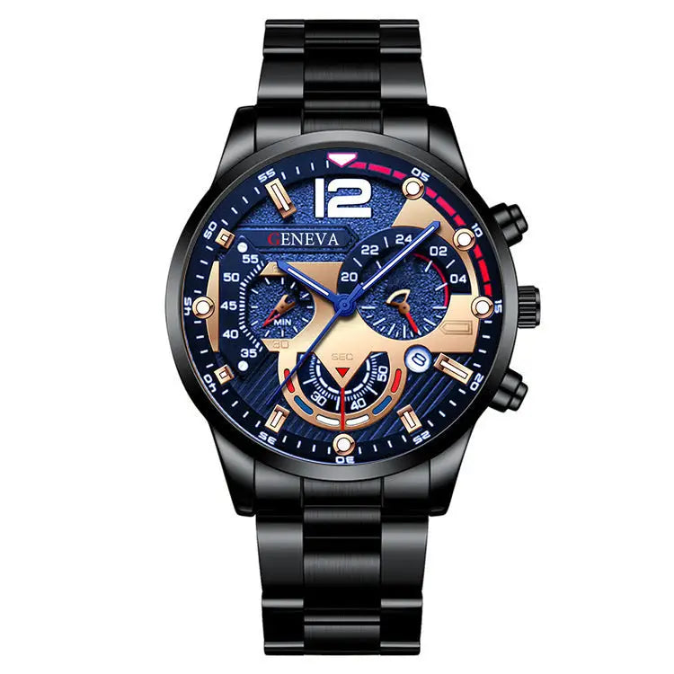 2pcs Men’s New Popular Steel Strip Fashion Business Three Eye Quartz Watch Bracelet Set Valentine’s Day Gifts