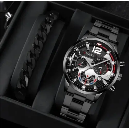 2pcs Men’s New Popular Steel Strip Fashion Business Three Eye Quartz Watch Bracelet Set Valentine’s Day Gifts
