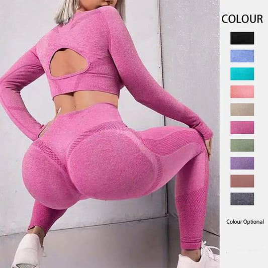 2pcs Sports Suits Long Sleeve Hollow Design Tops And Butt Lifting High Waist Seamless Fitness Leggings Sports Gym