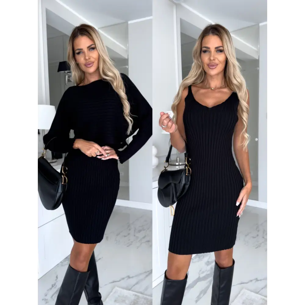 2pcs Suit Women's Solid Stripe Long-sleeved Top And Tight Suspender Skirt Fashion Autumn Winter Slim Clothing Beyond Trends Hub