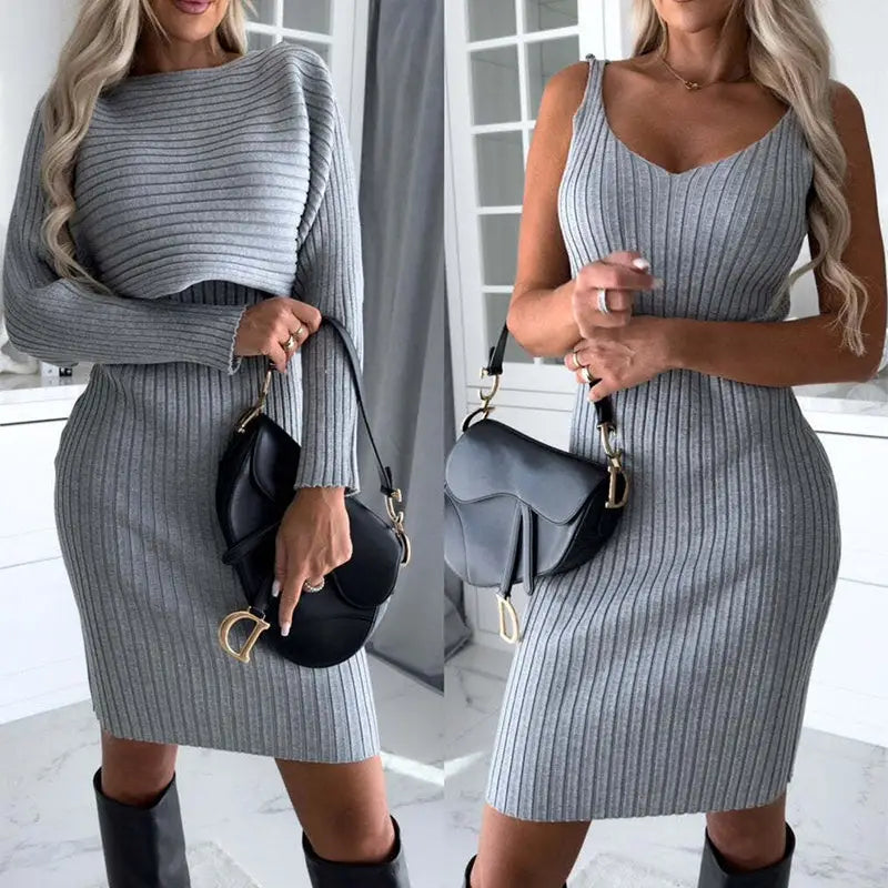 2pcs Suit Women's Solid Stripe Long-sleeved Top And Tight Suspender Skirt Fashion Autumn Winter Slim Clothing Beyond Trends Hub