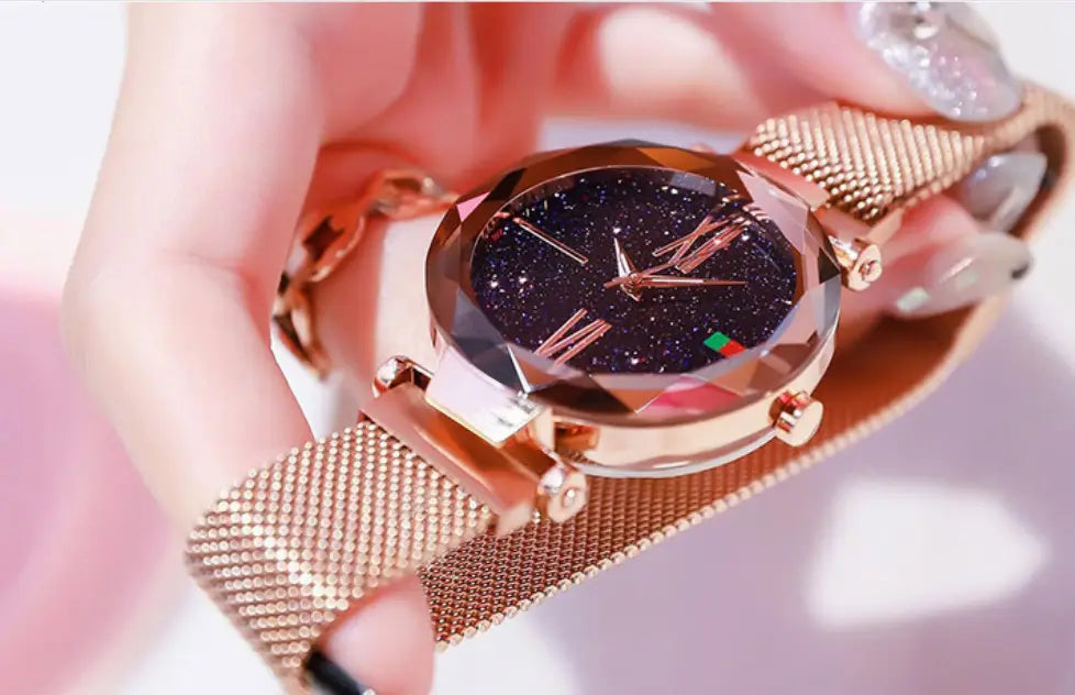 Luxury Women Watches Mesh Ladies Clock Magnet Buckle Starry Diamond Geometric Surface Quartz Wristwatch