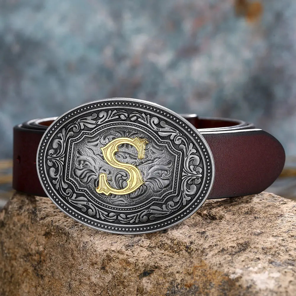 Brown leather belt featuring ornate silver and gold ’S’ buckle in Floral Letter Buckle collection.