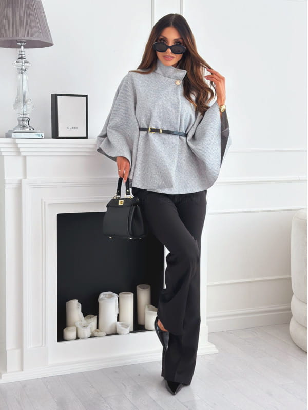 New Stand Collar Batwing Sleeves Cloak Top With Belt Ins Fashion Temperament Jacket Woolen Sweater Outwear For Women