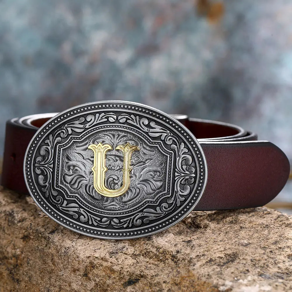 Brown leather belt with ornate silver buckle and gold U in Men’s and Women’s Floral Letter Buckle Belts.