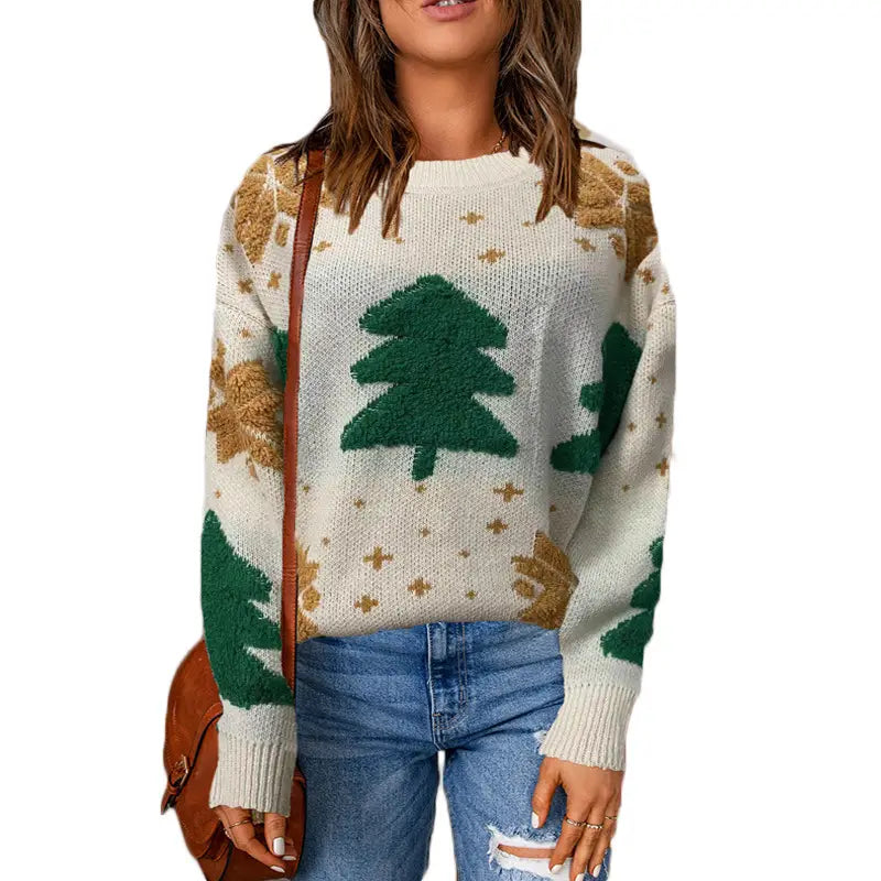 Women’s Casual Round Neck Embroidered Christmas Tree Cartoon Round Neck Sweater Coat