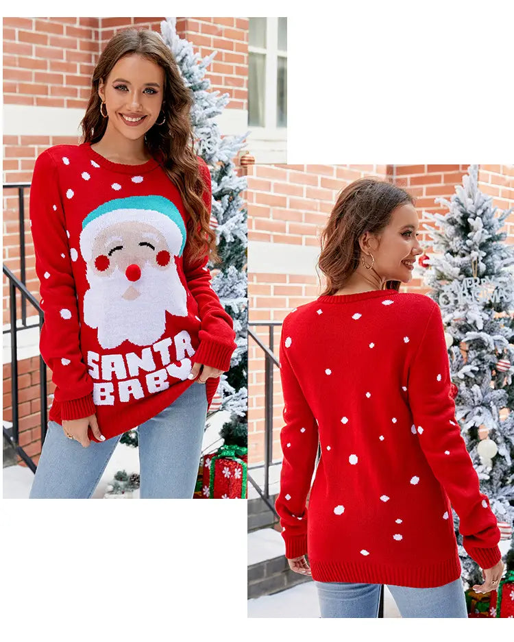Women’s Tops Santa Pullover Sweater Autumn And Winter Letter Embroidery Christmas Red Sweaters Long Sleeve Crew Neck