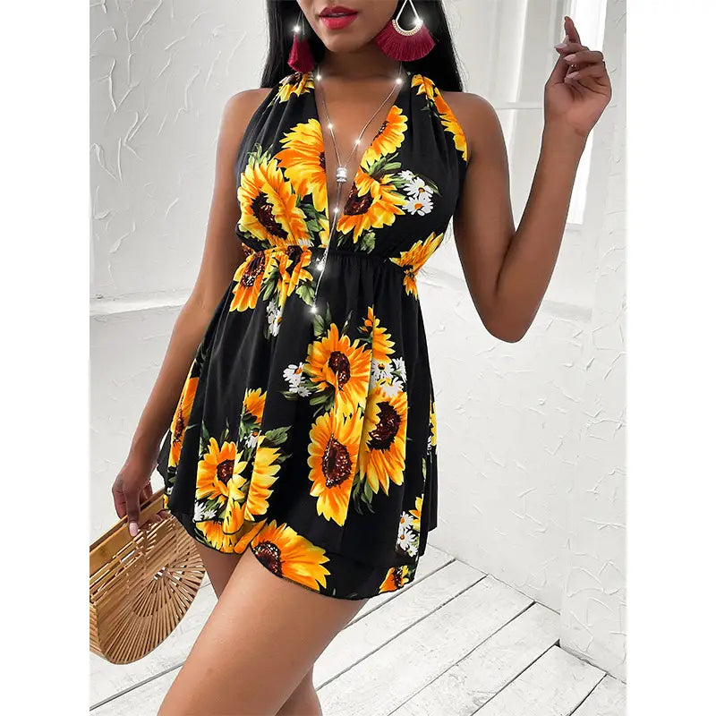Sunflower V-neck Backless Casual Dress For Women