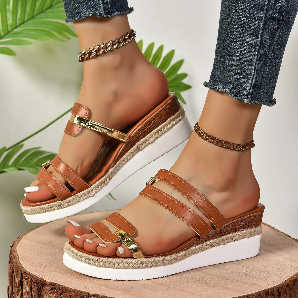 Colorblock-strap Wedges Sandals Summer Fashion Hemp Heel Slides Slippers Outdoor Thick Bottom Fish Mouth Shoes For Women