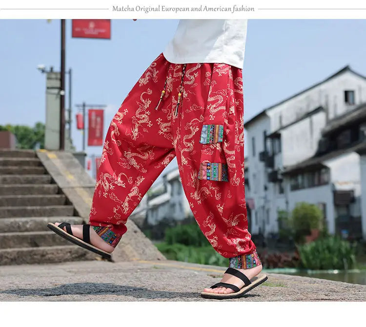Men’s Plus Size Dragon Pattern Thin Chinese Trousers