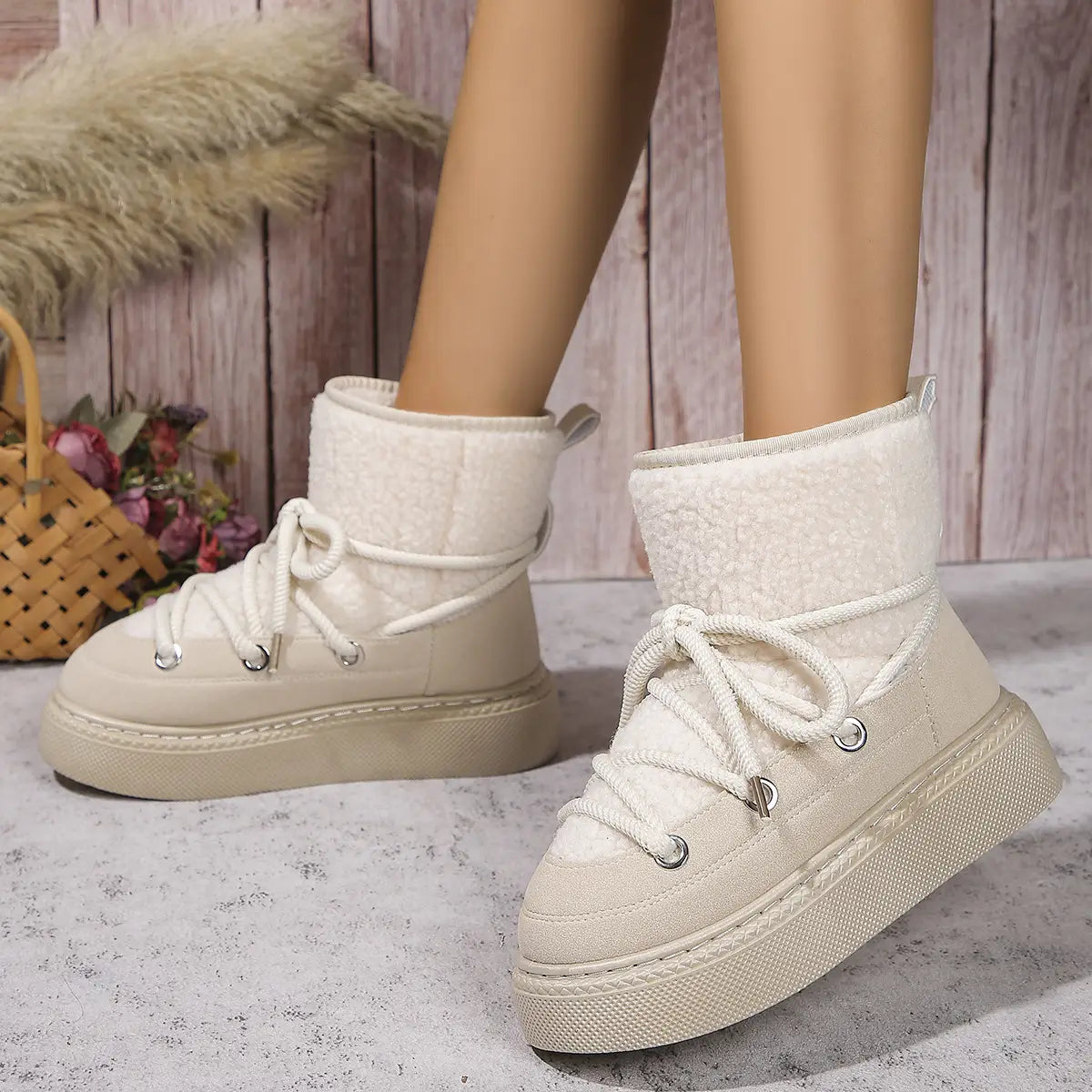 Fashion Lace-up Snow Boots Winter Flat Thick-soled Height-enhancing Cotton Shoes For Women Casual Warm Short Boot