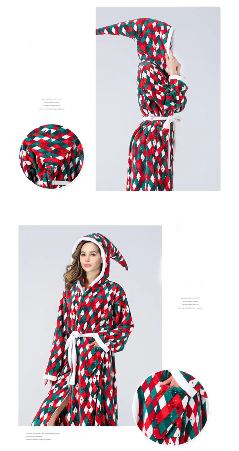 Christmas Sleepwear Women Fleece Hooded Bathrobe Plush Long Robe Winter