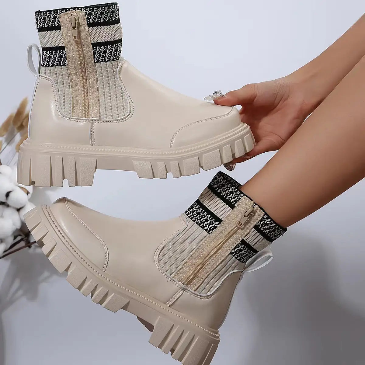Fashion Mid-tube Boots With Zipper Design Non-slip Thick Sole Elastic Knitted Patchwork Boots For Women Round Toe Shoes