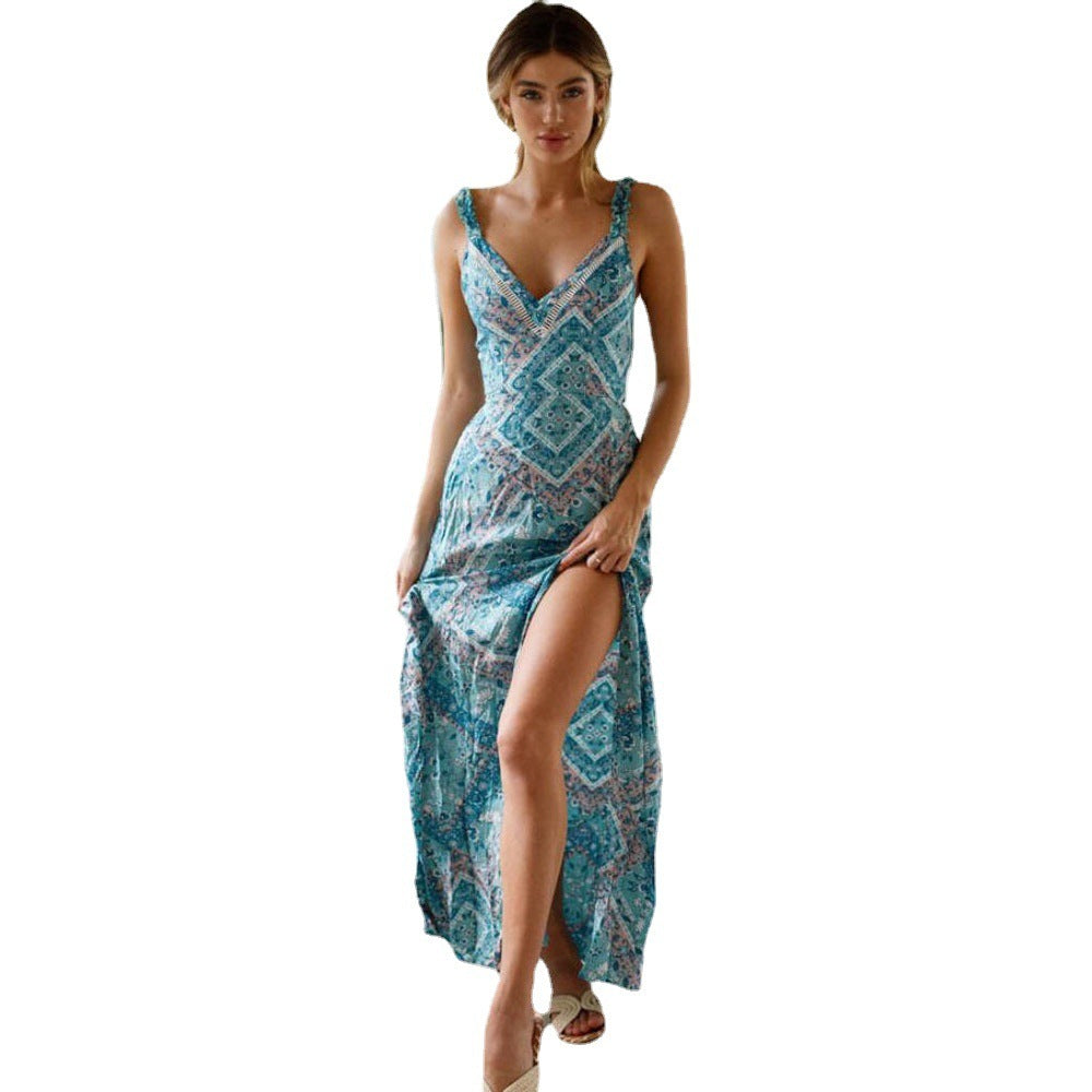 Sexy V-neck Printed Lace Slit Long Skirt