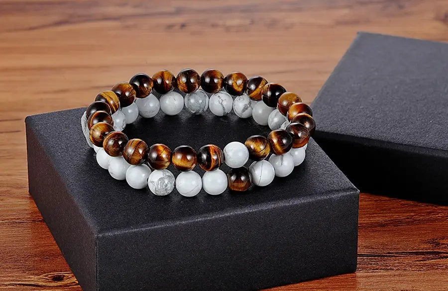 Two beaded bracelets in a Set Of Couple Bracelets Natural Stone Yoga collection.