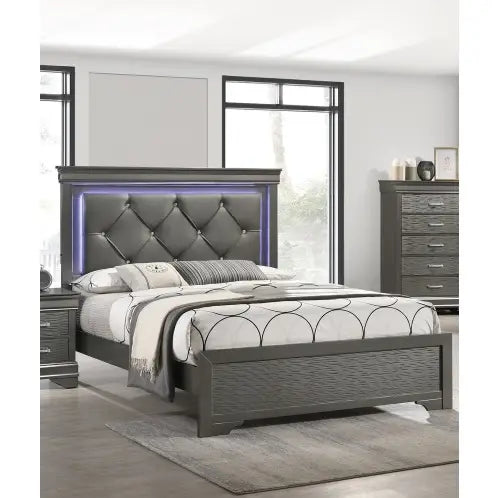 Dark Gray Faux Leather Tufted Headboard 1pc Queen Size Bed