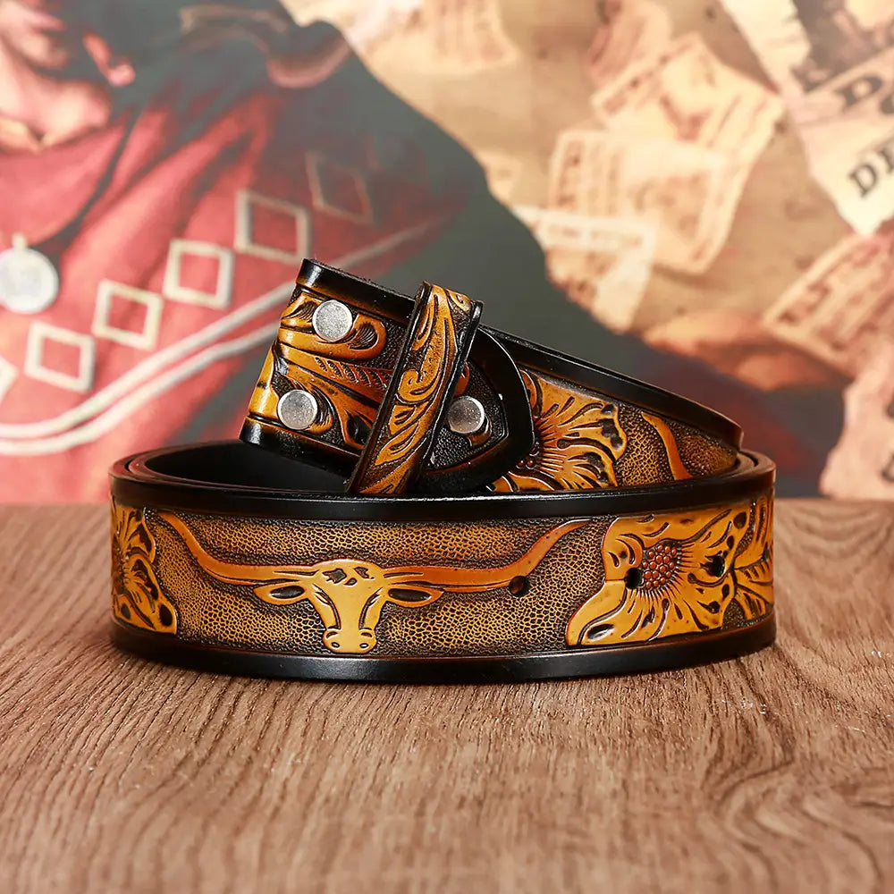 Embossed leather belt featuring bull and floral designs for Texas Cow Head Belts.