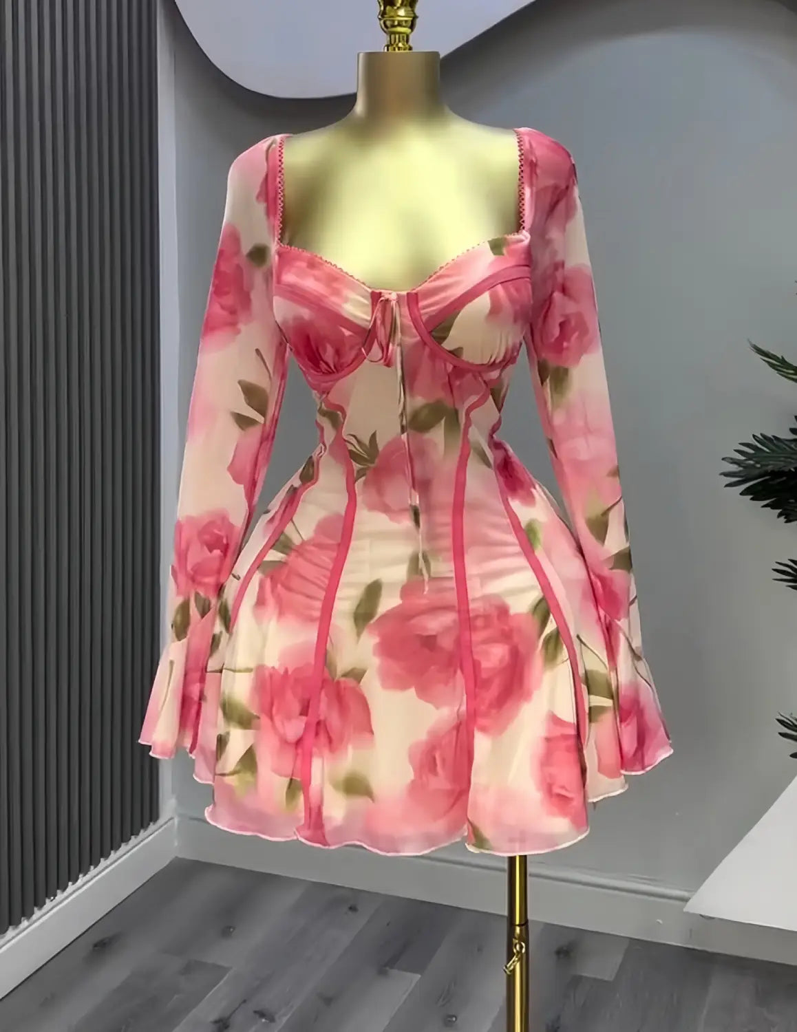 Women’s Flared Long Sleeve Tied Lotus Leaf Flower Print Dress