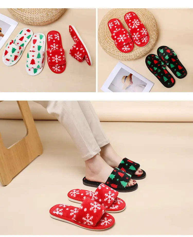Christmas Tree Home Slippers Fashion Floor Bedroom Open-toe Plush Slippers For Women Fuzzy House Shoes