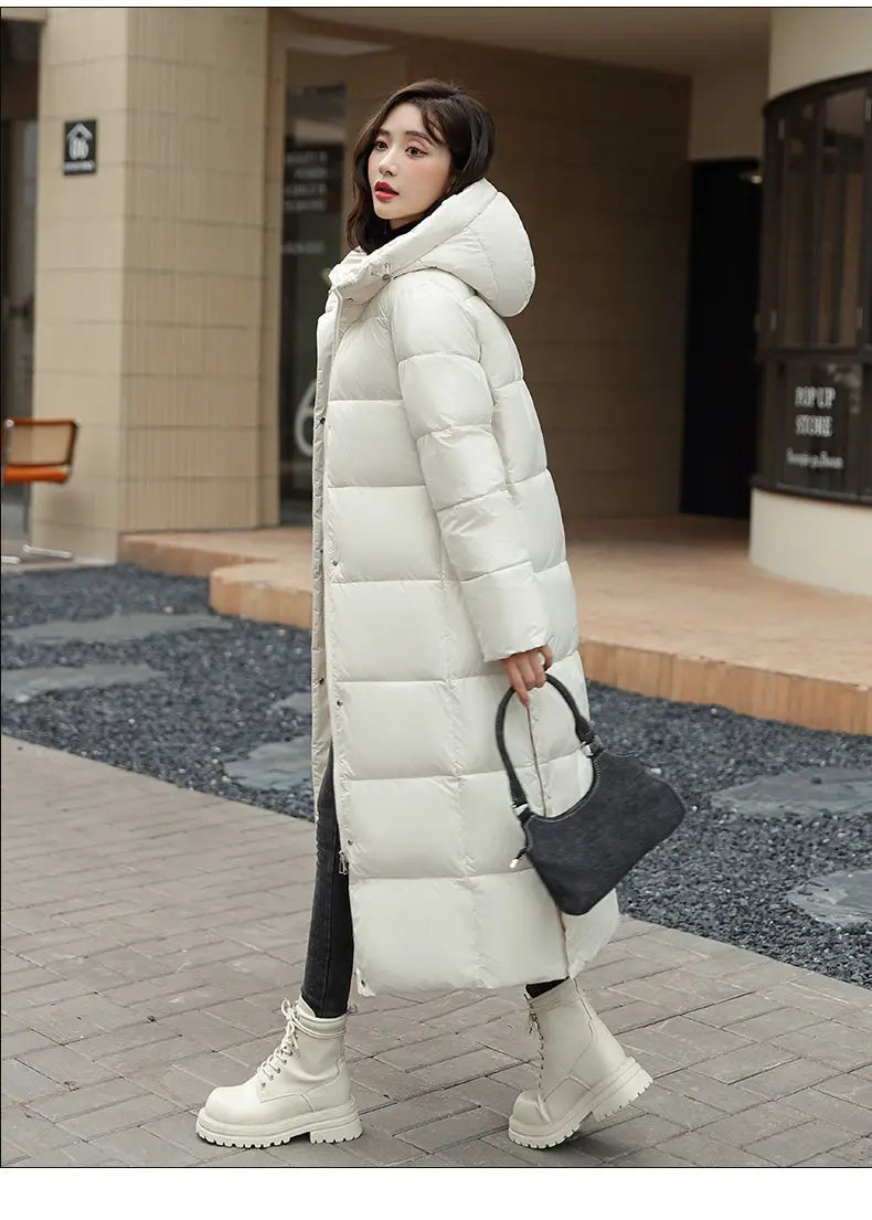 Women’s Super Long Down Jacket Winter Puffer Thick Coat Black Red Hooded Zipper Keep Warm Fall Winter Casual Clothes