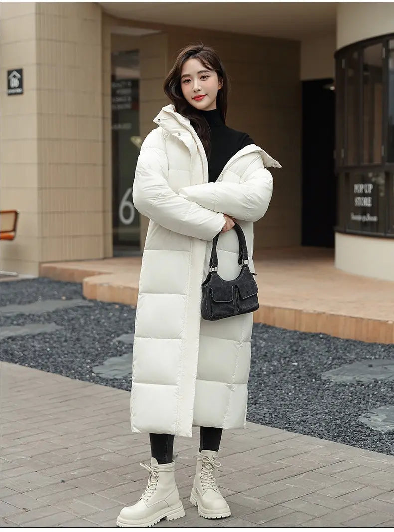 Women’s Super Long Down Jacket Winter Puffer Thick Coat Black Red Hooded Zipper Keep Warm Fall Winter Casual Clothes