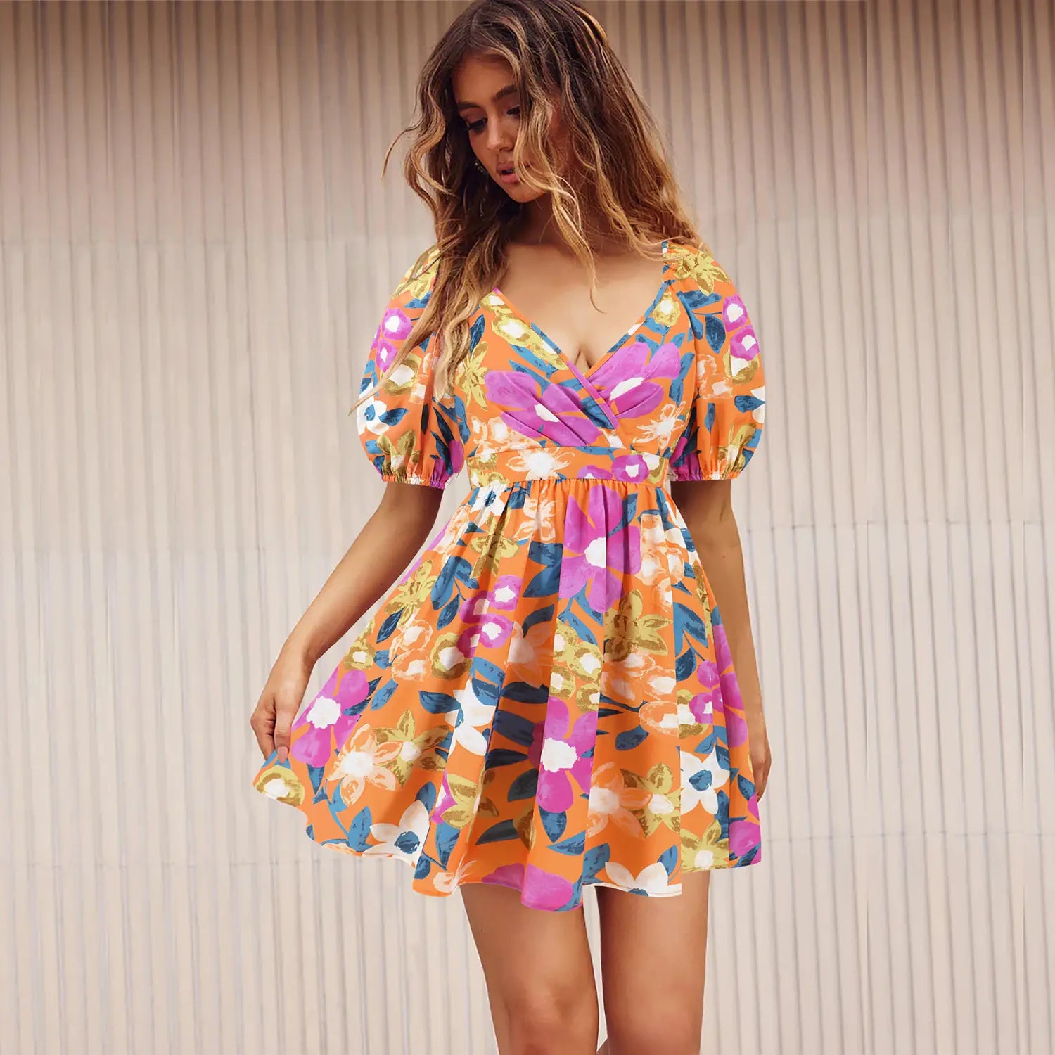 Flowers Print V-Neck Lantern-sleeve Dress Y2K Summer Vacation Beach Short Dresses Fashion Womens Clothing